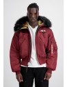 Men's insulated bomber jacket with detachable fur on the hood. There is a large logo across the back.