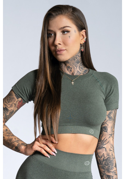 Crop top Gym Glamour short sleeve Khaki Ombre