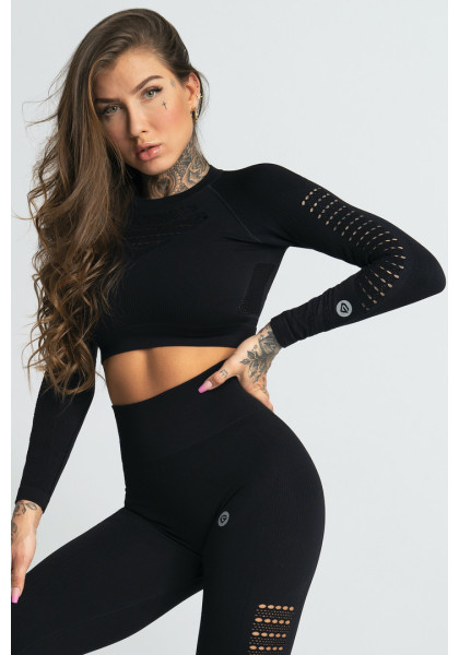 Crop top with long sleeves Nero Black - Gym Glamour