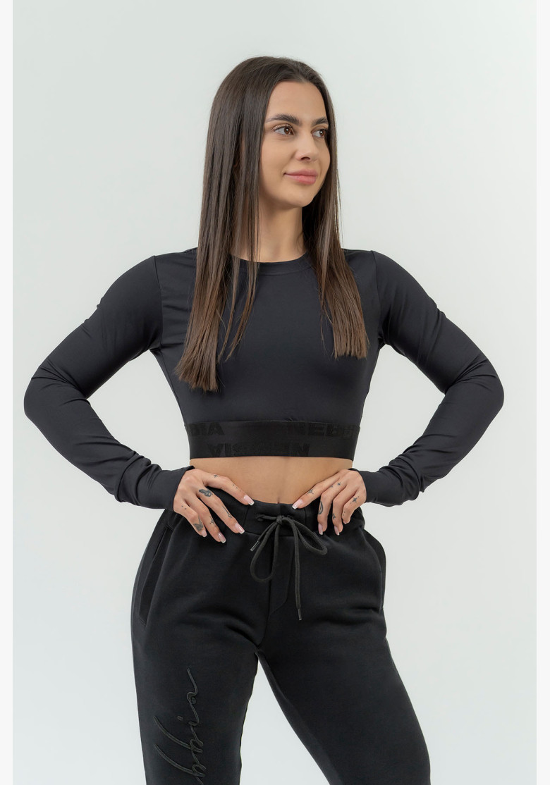 NEBBIA Women's crop top with long sleeves NEBBIA INTENSE Perform black